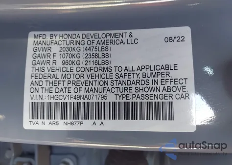 2022 Honda Accord Sport Special Edition из США, поврежденный, VIN 1HGCV1F49NA071795